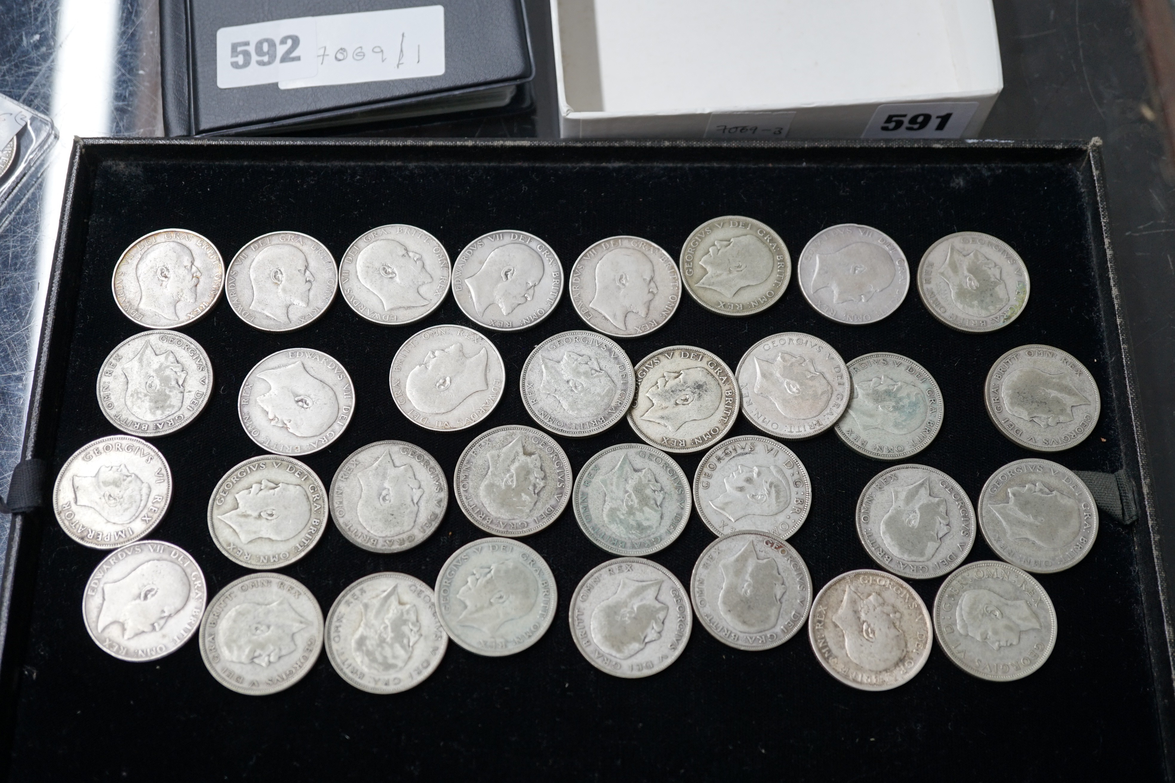 Ten Edward VII silver half crowns and twenty three George V/VI half crowns, various grades mostly below VF